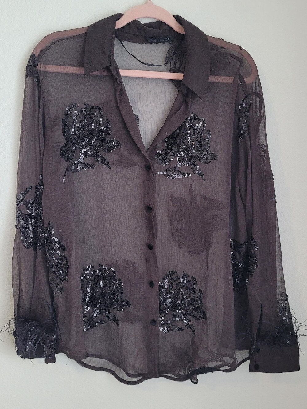 Zara Sheer Floral Sequin Brown Blouse with Feather Cuffs Large Glam Coquette